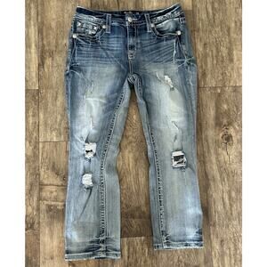 Miss Me Curvy Crop Denim Jeans Size 29 Embroidered Rhinestone Bling Distressed